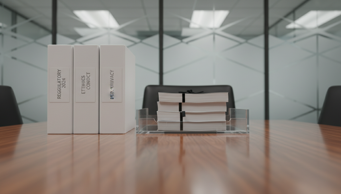 A set of carefully arranged compliance binders with matte white covers and subtle silver-embossed spines, standing upright alongside a translucent acrylic document tray filled with neatly stacked legal briefs. The set is positioned on a lacquered walnut conference table, the surface gleaming with a soft reflection. A background of frosted glass dividers with geometric patterns adds textural depth while maintaining a neutral, professional tone. Soft, indirect lighting from above gently illuminates the scene, creating an atmosphere of diligence, confidentiality, and order. Composed from a low frontal angle with sharp focus throughout, the image projects trust and thoroughness in corporate compliance.