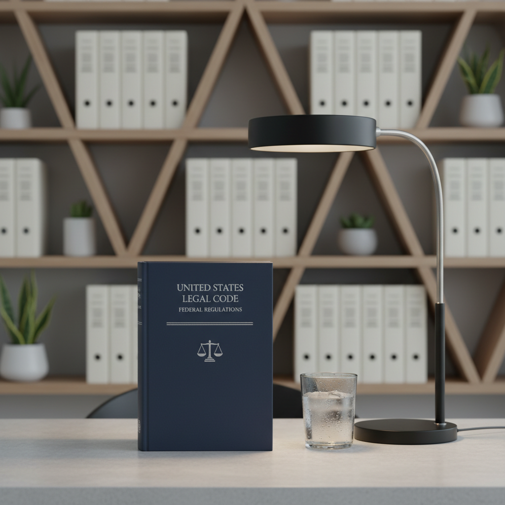 A close-up of a refined, navy-blue hardcover legal code with silver embossed lettering, precisely centered on a smooth, pale-gray concrete desk. A frosted glass of water and an elegant matte black desk lamp with a slender metallic stem sit neatly alongside. The background fades into soft focus, hinting at geometric shelving filled with neatly aligned documents and subtle green plants in minimalist planters. Cool, even overhead lighting casts gentle shadows, imbuing the scene with a sophisticated and focused mood. Shot straight-on with crisp sharpness, the composition feels balanced, structured, and dynamically modern, highlighting an ethical and detail-oriented legal practice.