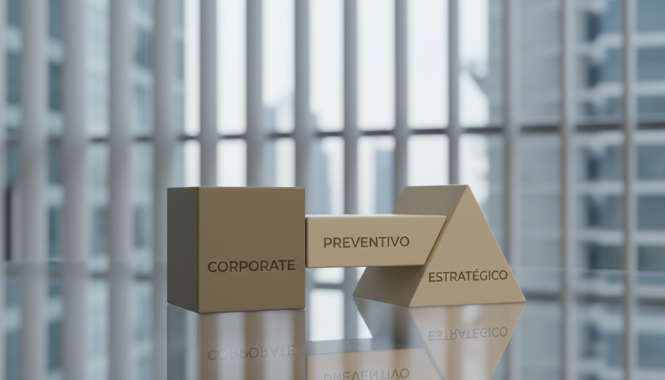 A harmonious arrangement of three interlocking geometric blocks in varying shades of warm gray and ivory, etched with the words 'Corporate', 'Preventivo', and 'Estratégico' in understated, sans-serif font. The blocks are placed on a crisp glass tabletop, reflecting faintly below, with a softly blurred background of vertical blinds and a suggestion of cityscape architecture. Cool, diffused daylight filters through, creating subtle highlights on the blocks’ smooth surfaces and imparting a sense of clarity and strategic alignment. The camera angle is slightly elevated, emphasizing structure and interconnectedness. The mood communicates professionalism, innovation, and a forward-thinking law firm with a minimalist photographic style.